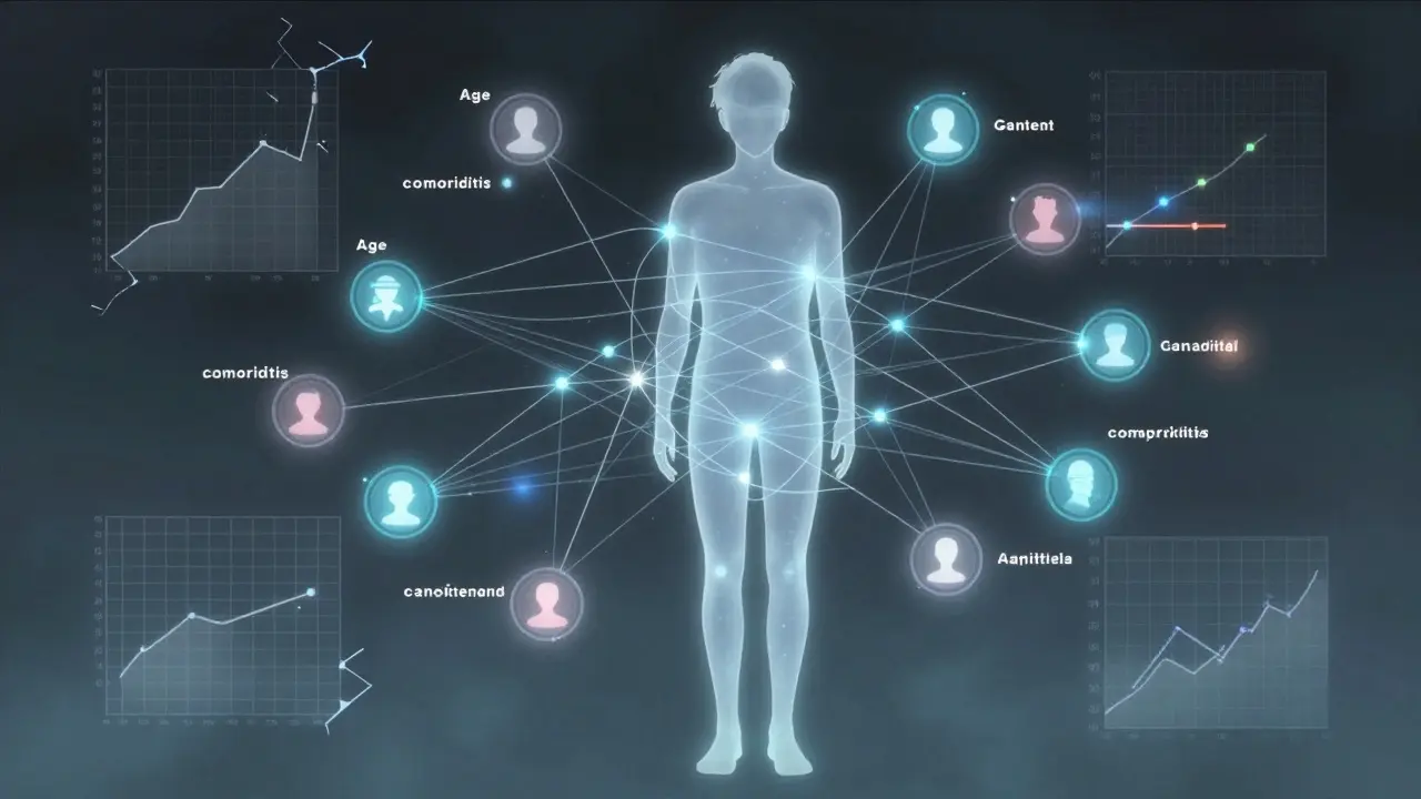 Holographic patient profile showing complex drug interaction nodes