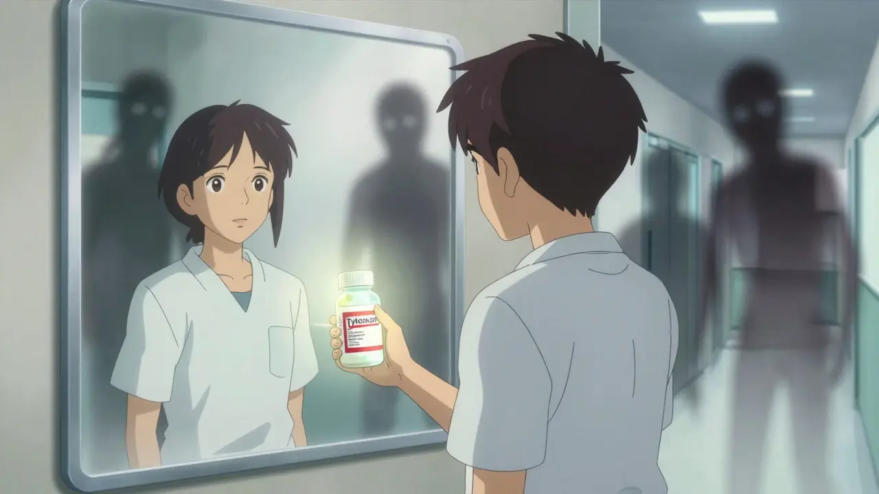 Patient choosing safe pain relief while avoiding dangerous medication shadows