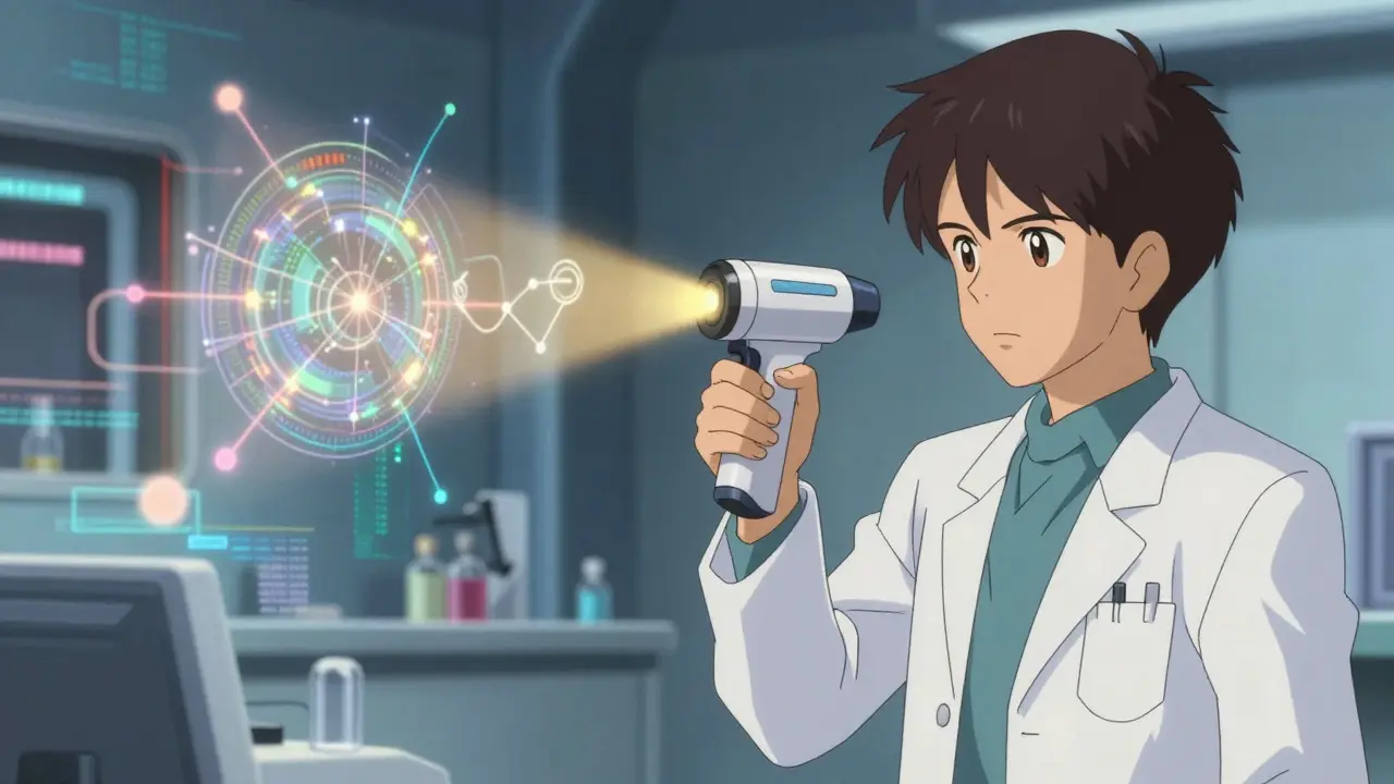Pharmacist using spectrometer to analyze pill spectrum