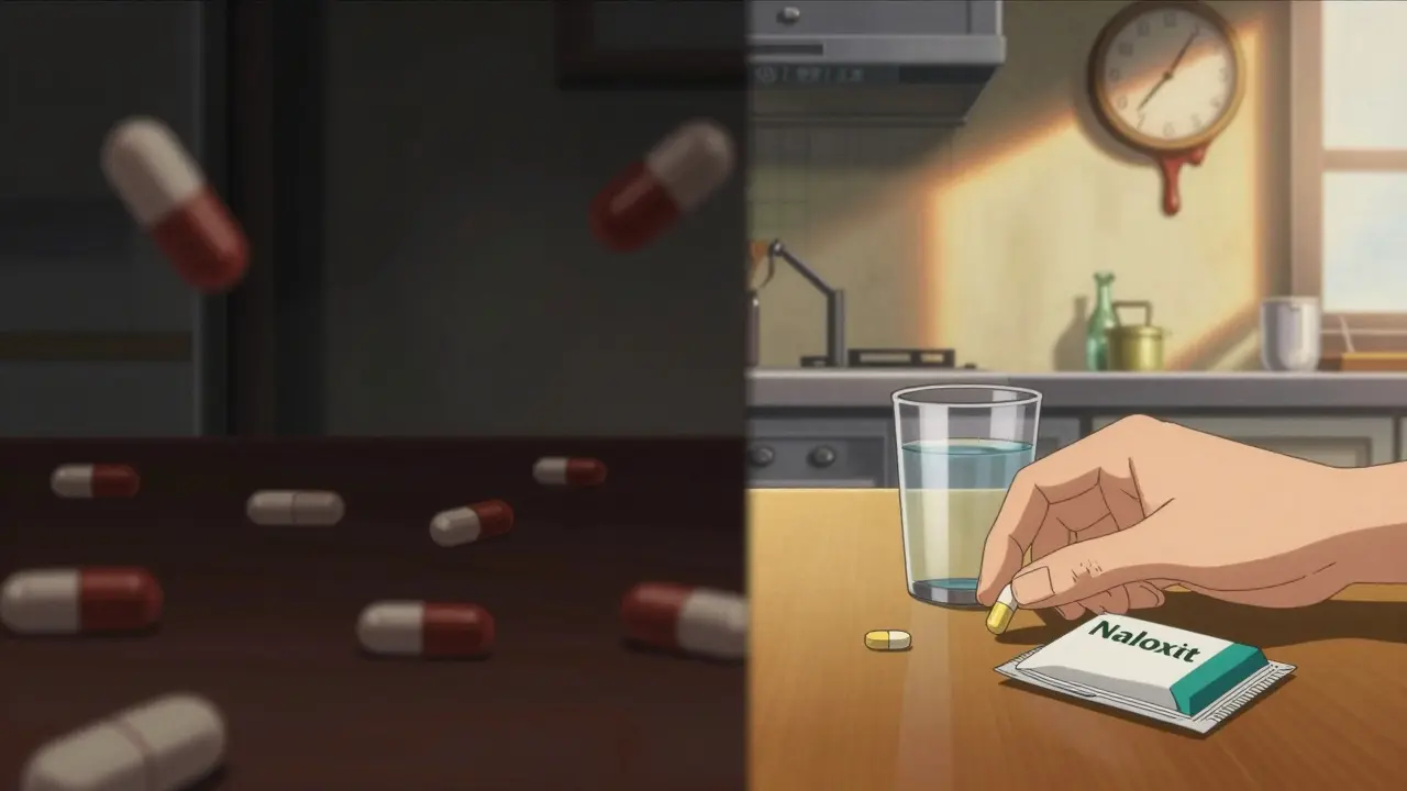 Split screen anime scene contrasting risky pill use with safe, measured dosing and naloxone.