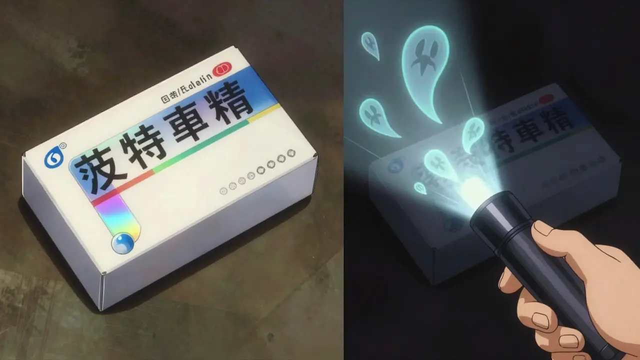 UV light revealing hidden security markers on drug box