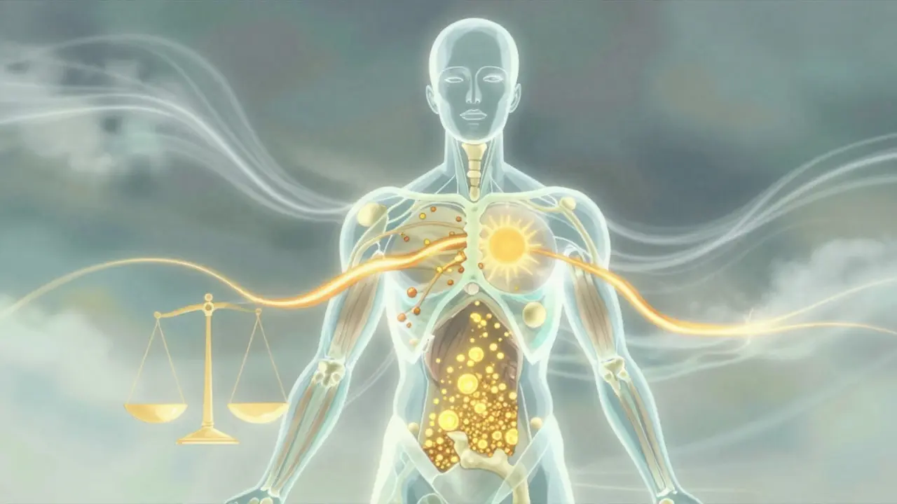 Abstract glowing figure showing internal health and energy balance