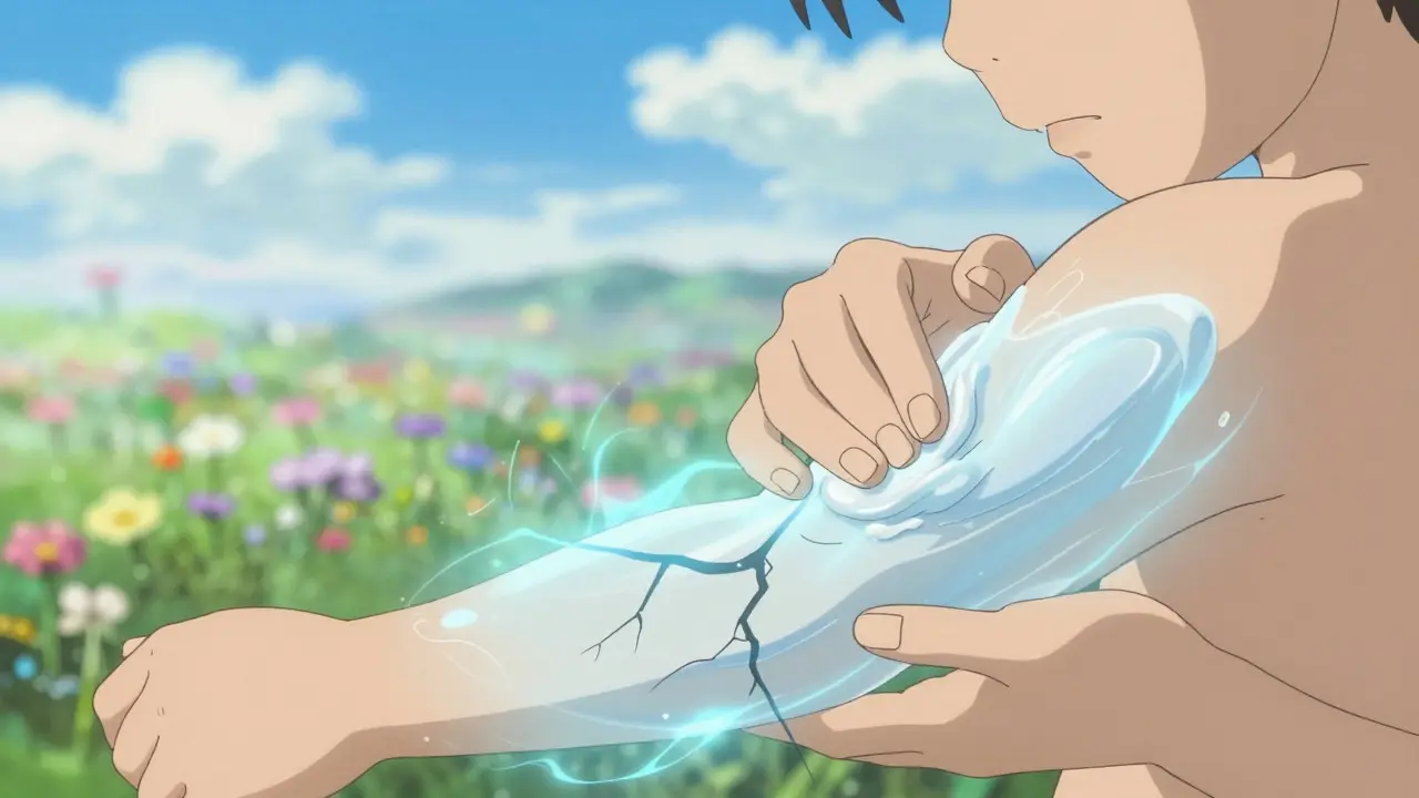 Anime illustration of moisturizer repairing skin barrier with glowing blue protective energy.