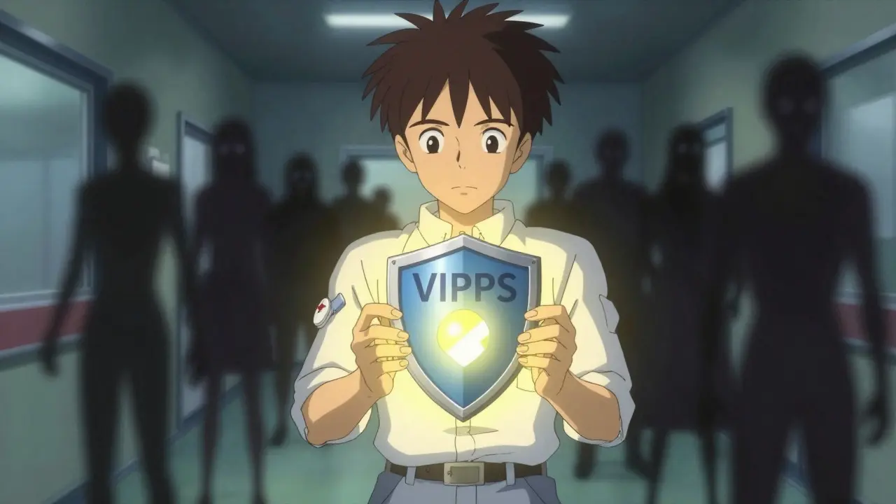 Character holding a protective shield against shadowy figures in a dreamlike hallway