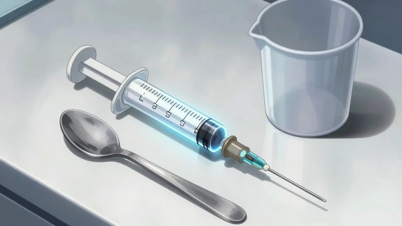Glowing accurate syringe next to distorted cup and spoon