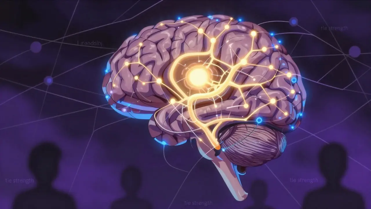 Glowing brain network illustrating dopamine release and social connection threads in a sci-fi style.