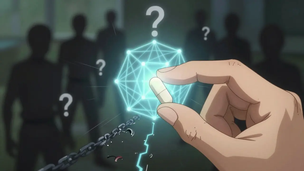 Hand holding a glowing pill with dark scam figures fading away