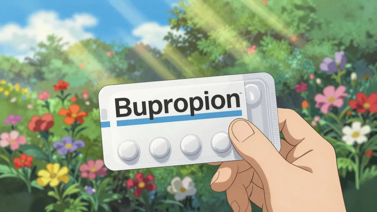 Hand holding medication with background fading into sunny garden