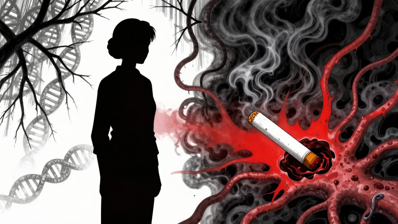 Manga art of genetic and lifestyle risks threatening a blood vessel