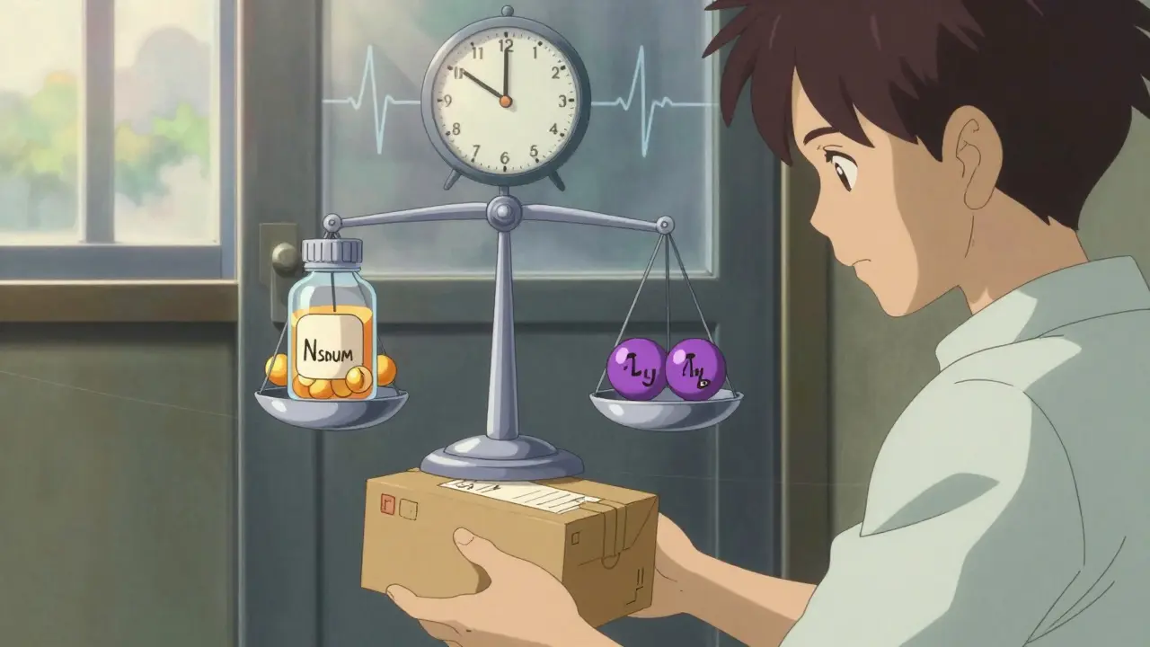Medicine bottle transforming into a balance scale of electrolytes and time