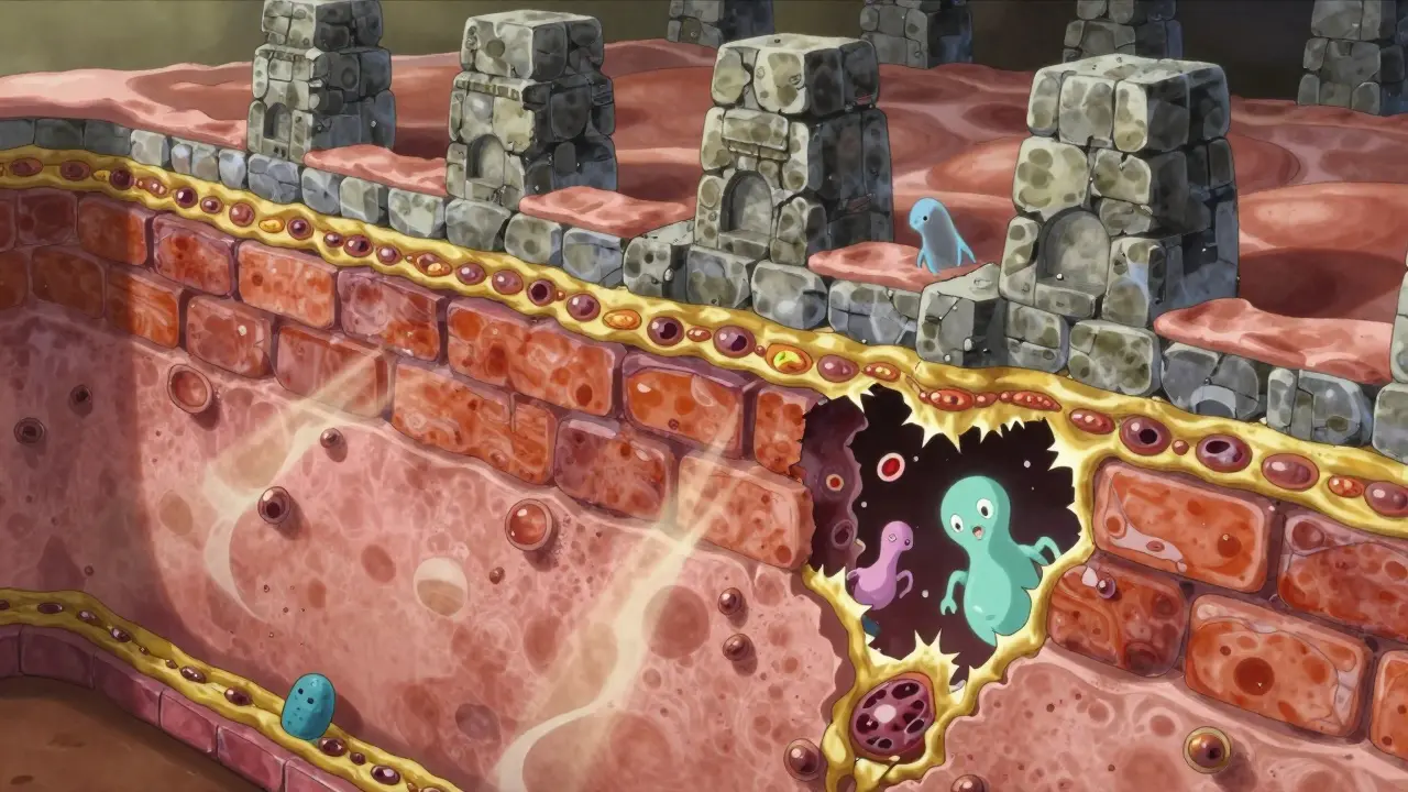 Microscopic anime view of skin barrier as a fortress with cracks letting allergens through.