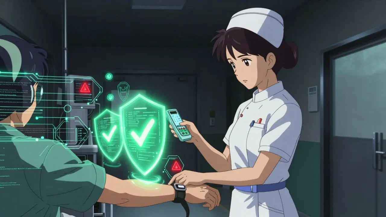Nurse scanning barcode with digital safety shields appearing