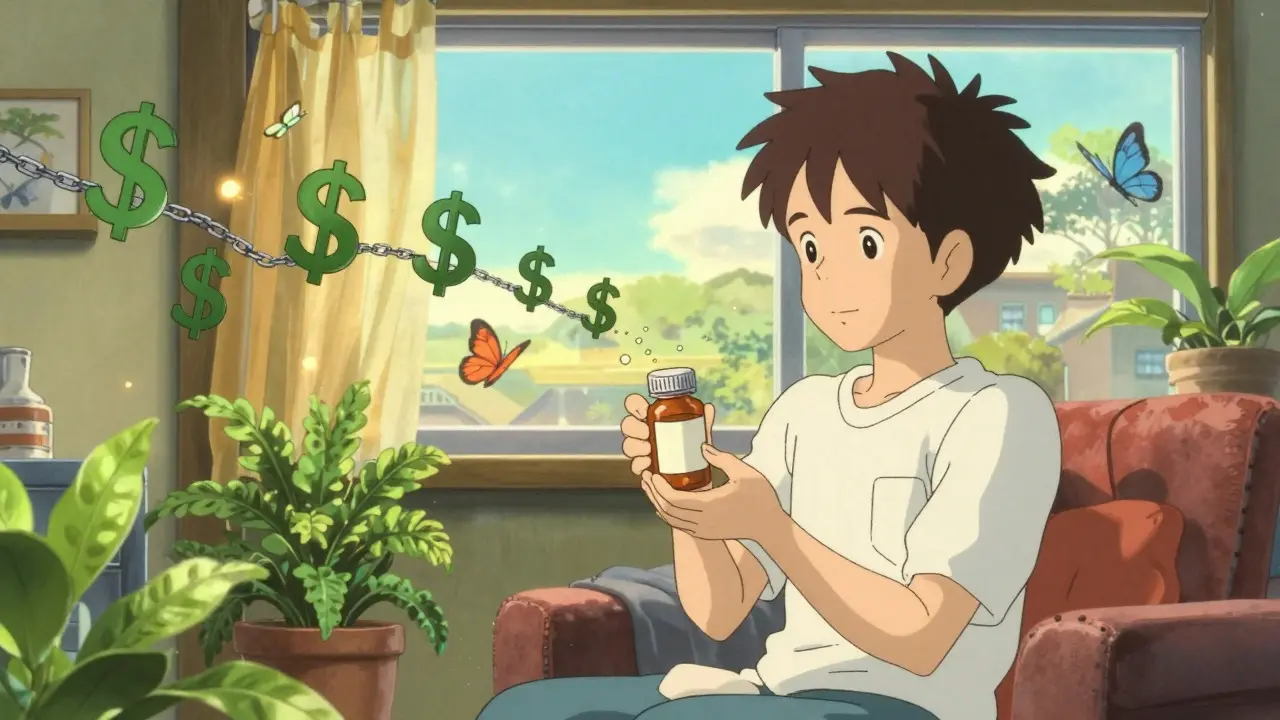 Peaceful anime character as financial chains dissolve into light