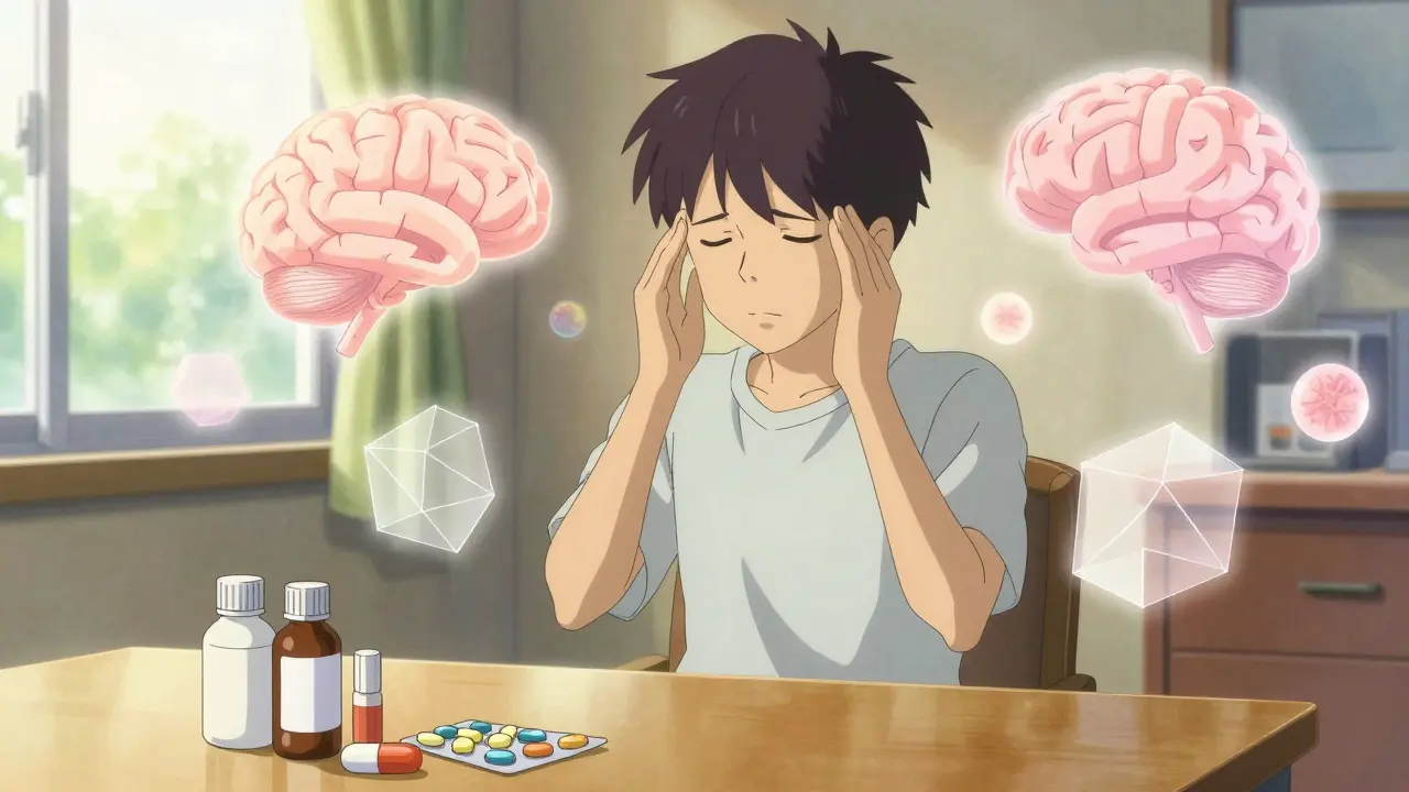 Peaceful person with floating shapes and neat medication layout