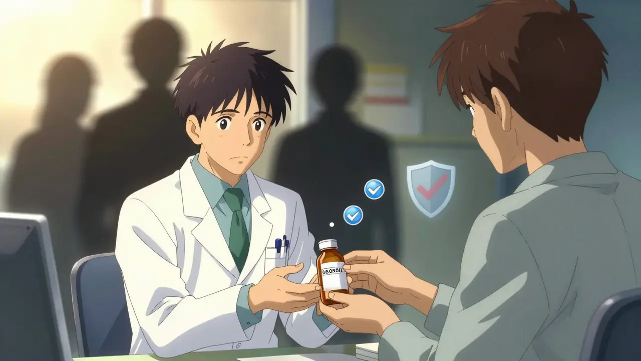 Pharmacist handing medication with warm, clear lighting