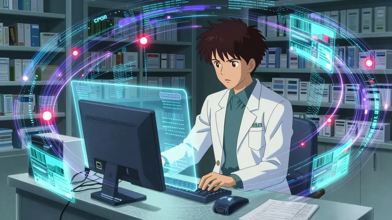 Pharmacist navigating complex digital data streams