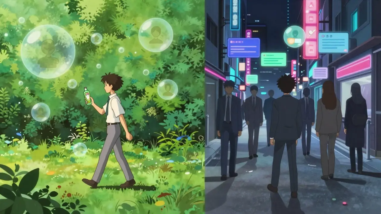 Split scene showing confident choice in nature versus pressure in a chaotic neon city environment.