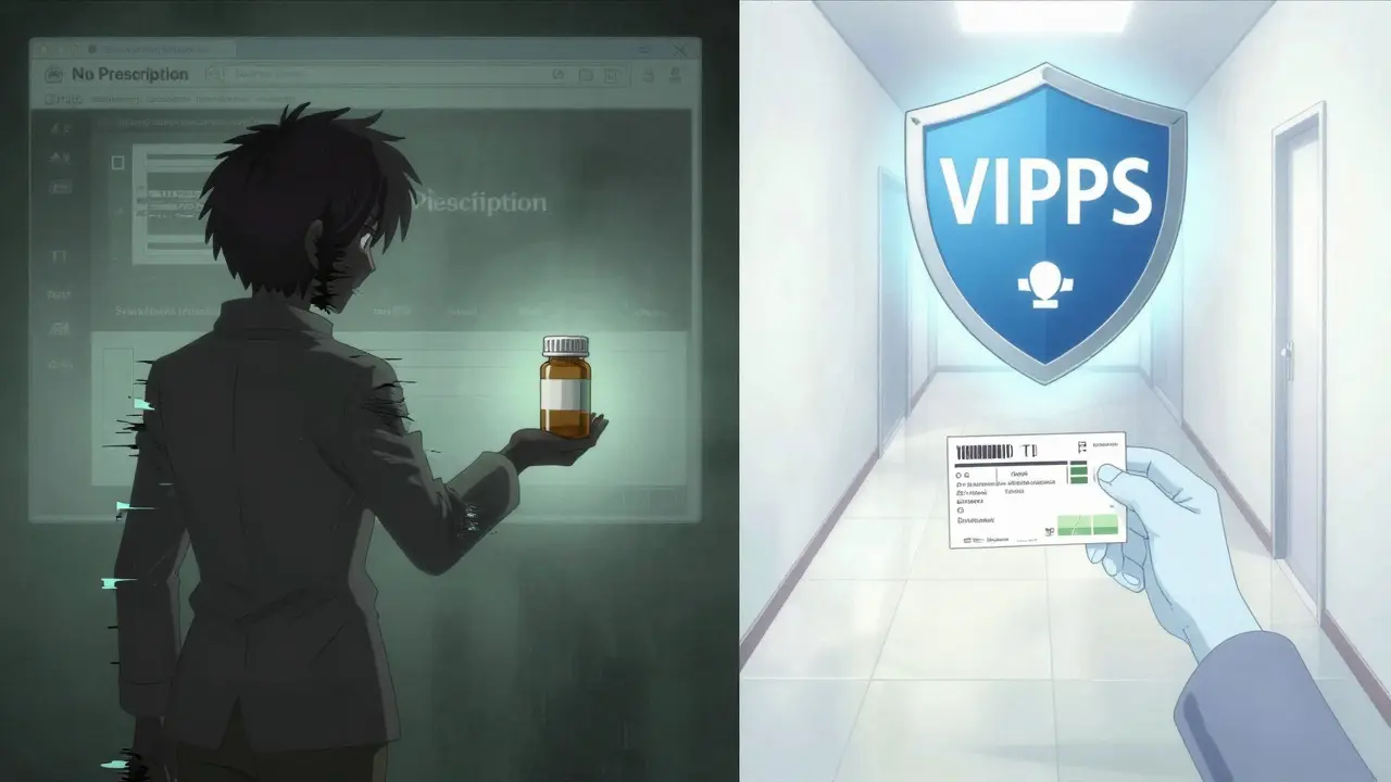 Split screen contrasting shady online pharmacies with safe, accredited options.