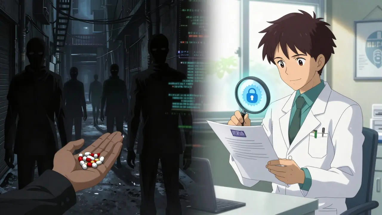 Split screen showing dark scam alley vs bright safe pharmacy verification