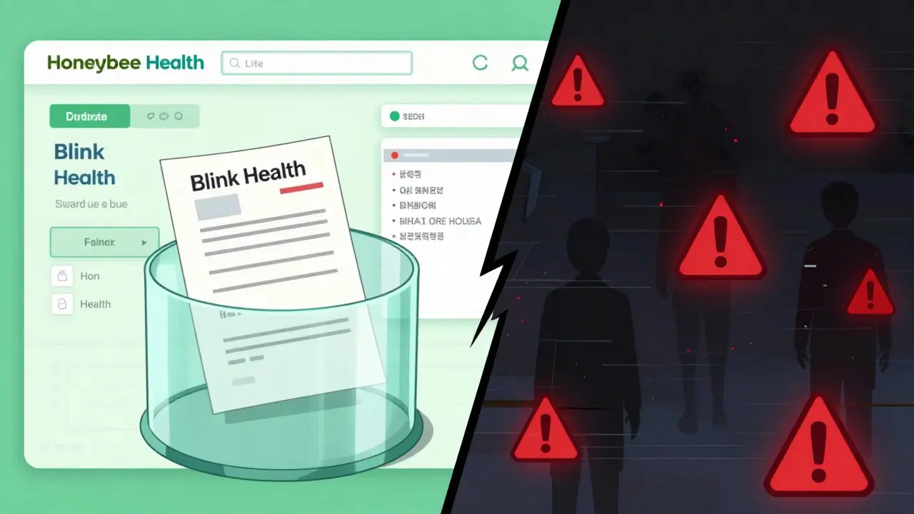 Split screen showing safe vs unsafe online pharmacies in Satoshi Kon style