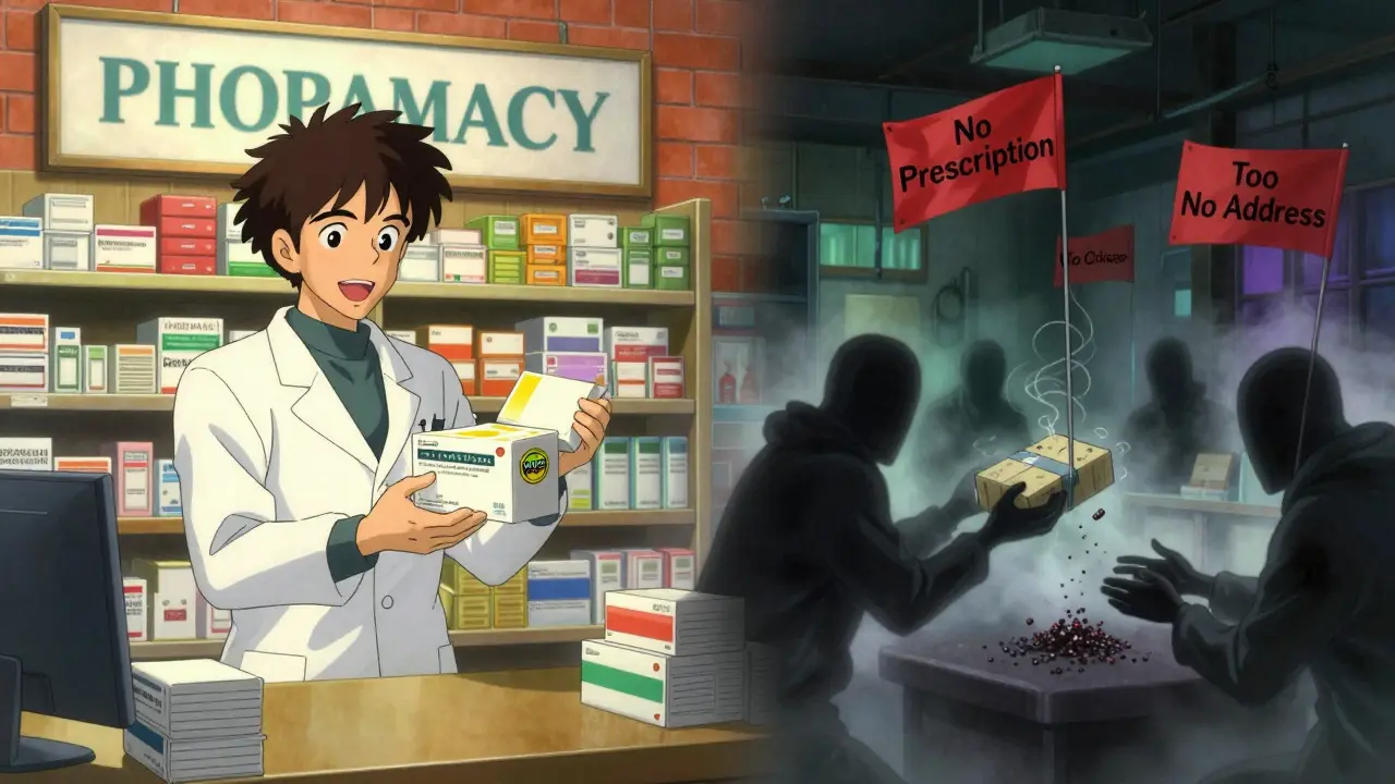 Split view contrasting safe licensed pharmacy with dangerous illegal operation.