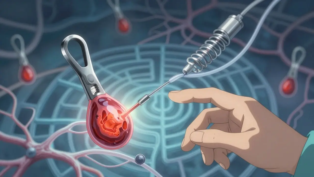 Surreal anime depiction of surgical clips and coiling treatments