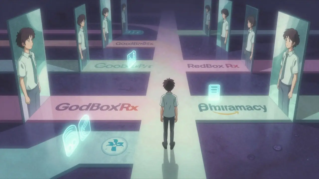 Surreal anime scene showing character choosing between different pharmacy paths
