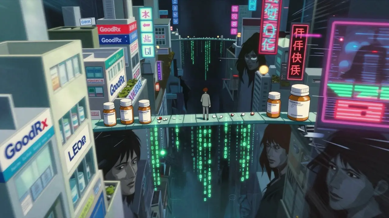 Surreal bridge of pills and code over an abyss of shadowy threats