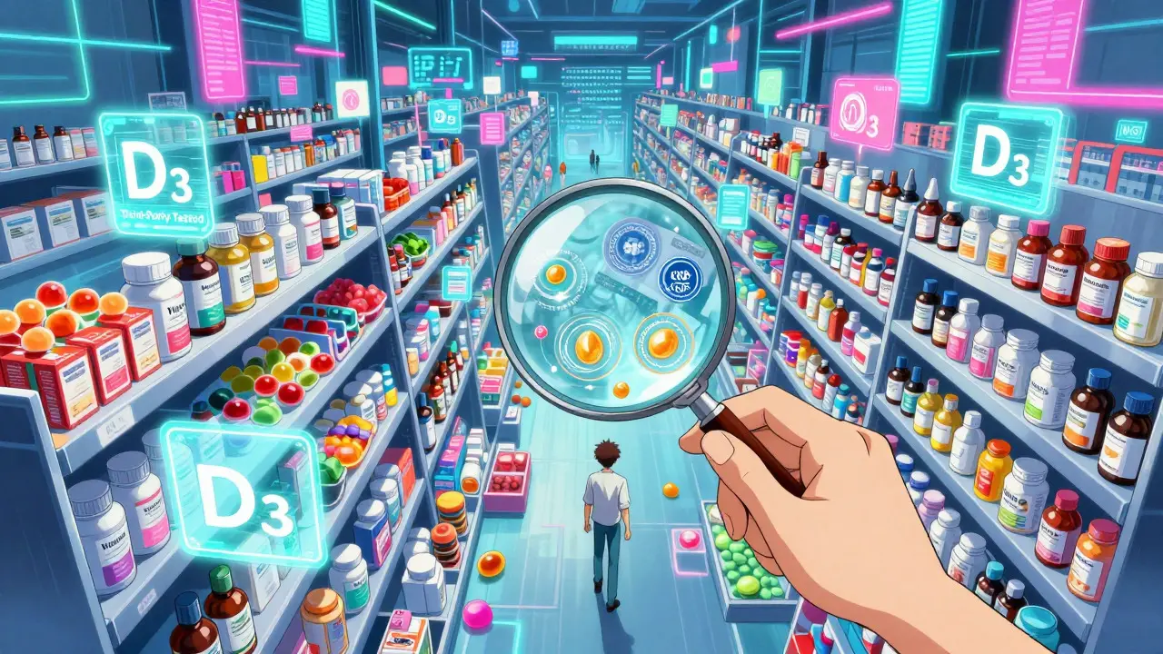 Surreal digital marketplace filled with various vitamin supplements