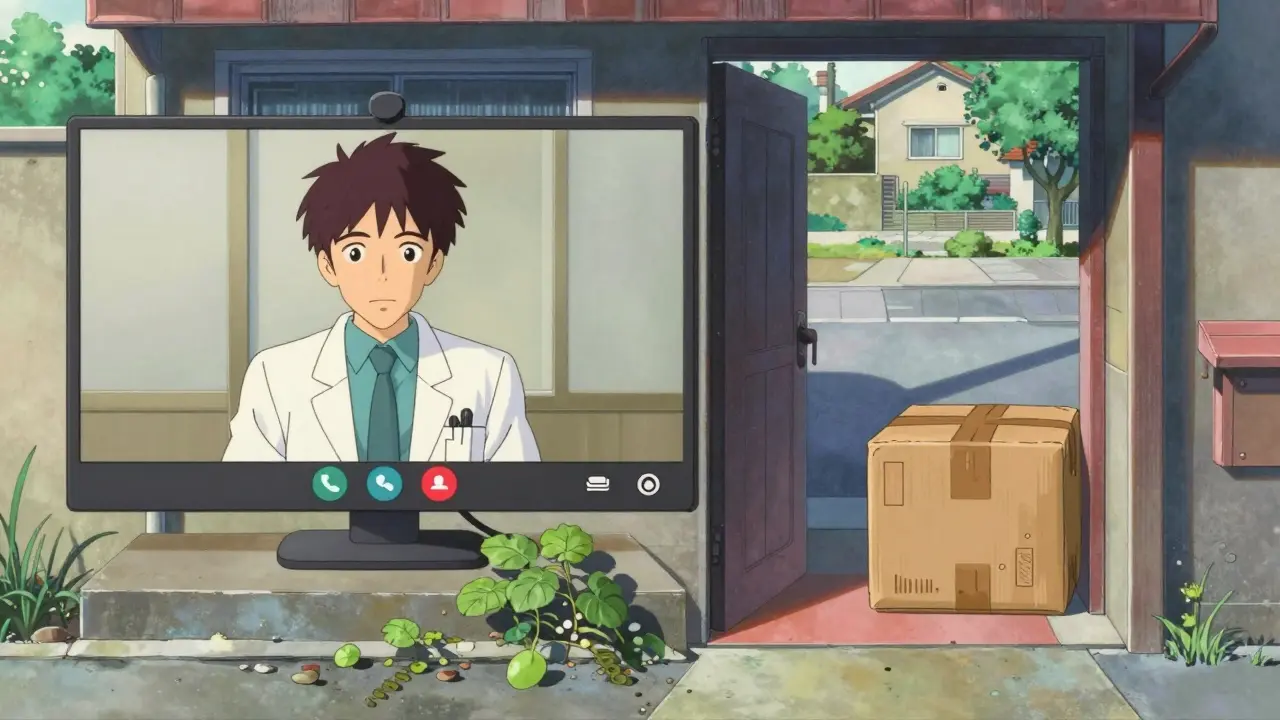 Telehealth consultation and medication delivery concept.