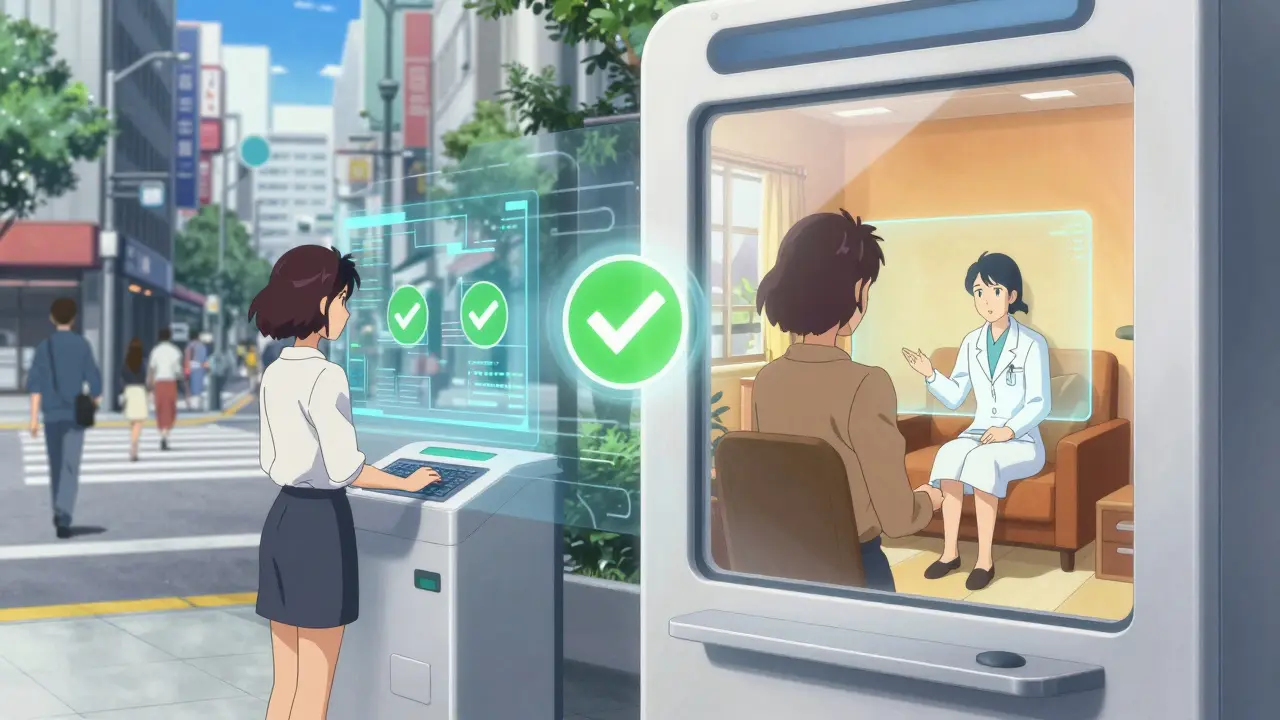 Woman using a telemedicine kiosk with a holographic doctor interface