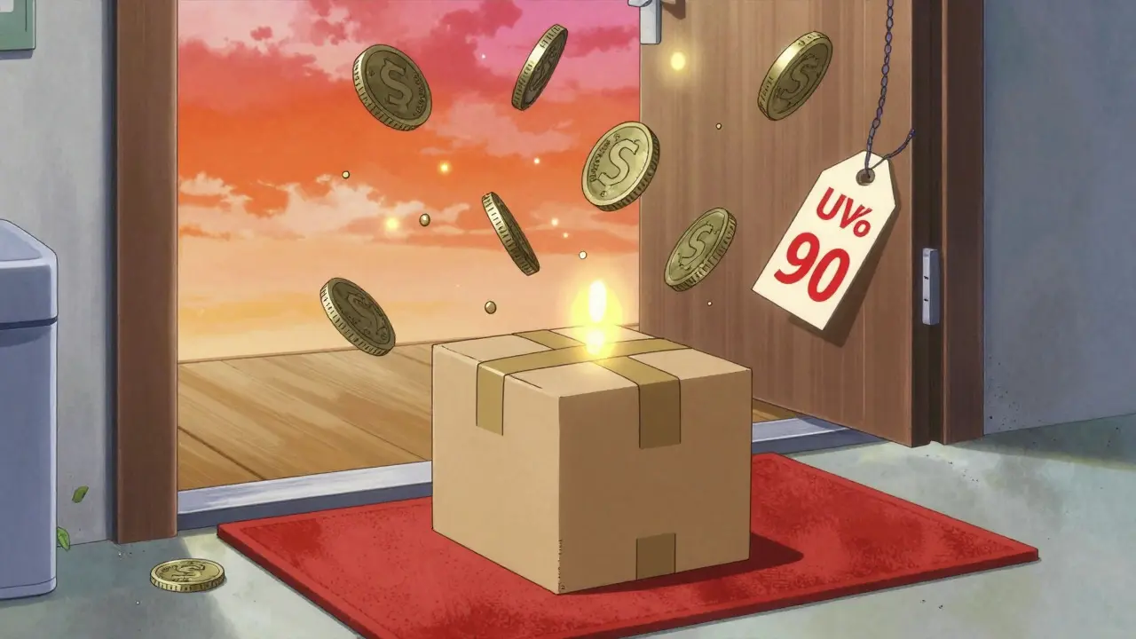 Anime artwork of a medicine package arriving with floating symbols of savings