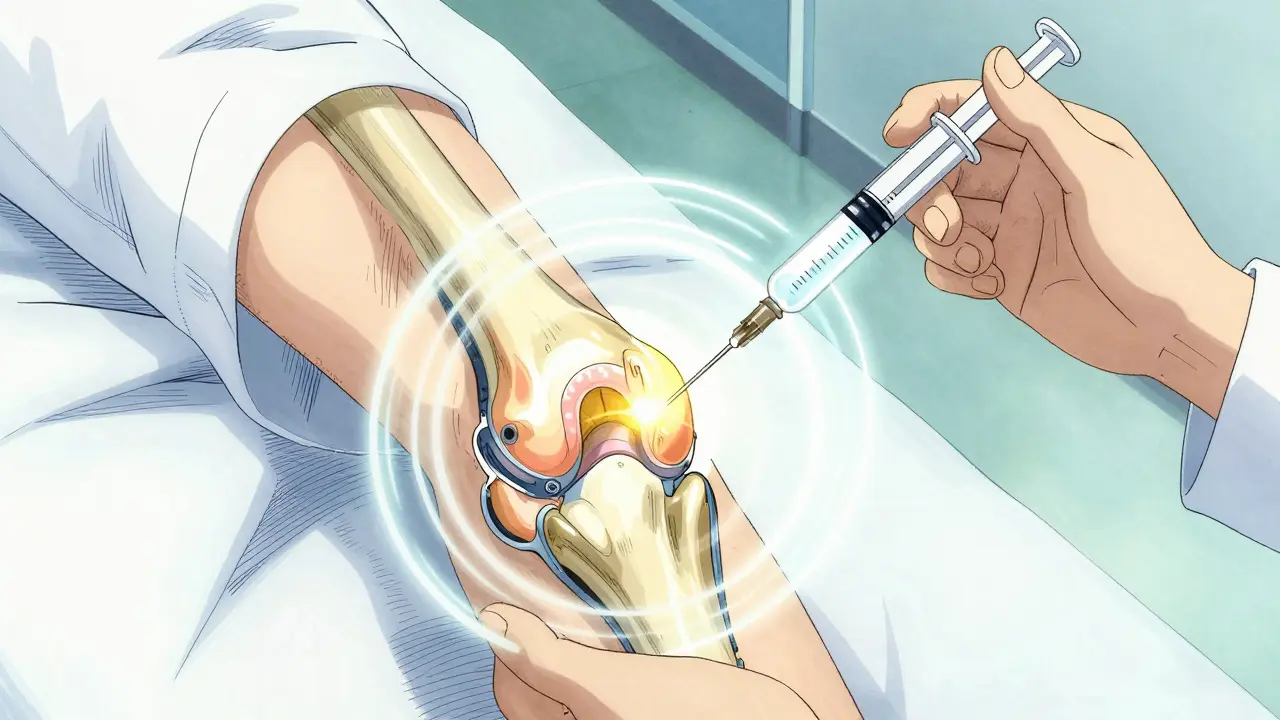 Anime depiction of a syringe injecting glowing fluid into a stylized knee joint