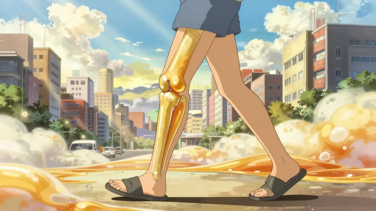 Anime figure walking freely with a knee joint shown absorbing shock in a dreamlike setting