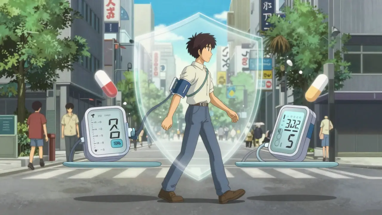 Confident person walking in a city with protective shields against drug interactions and stable health metrics.