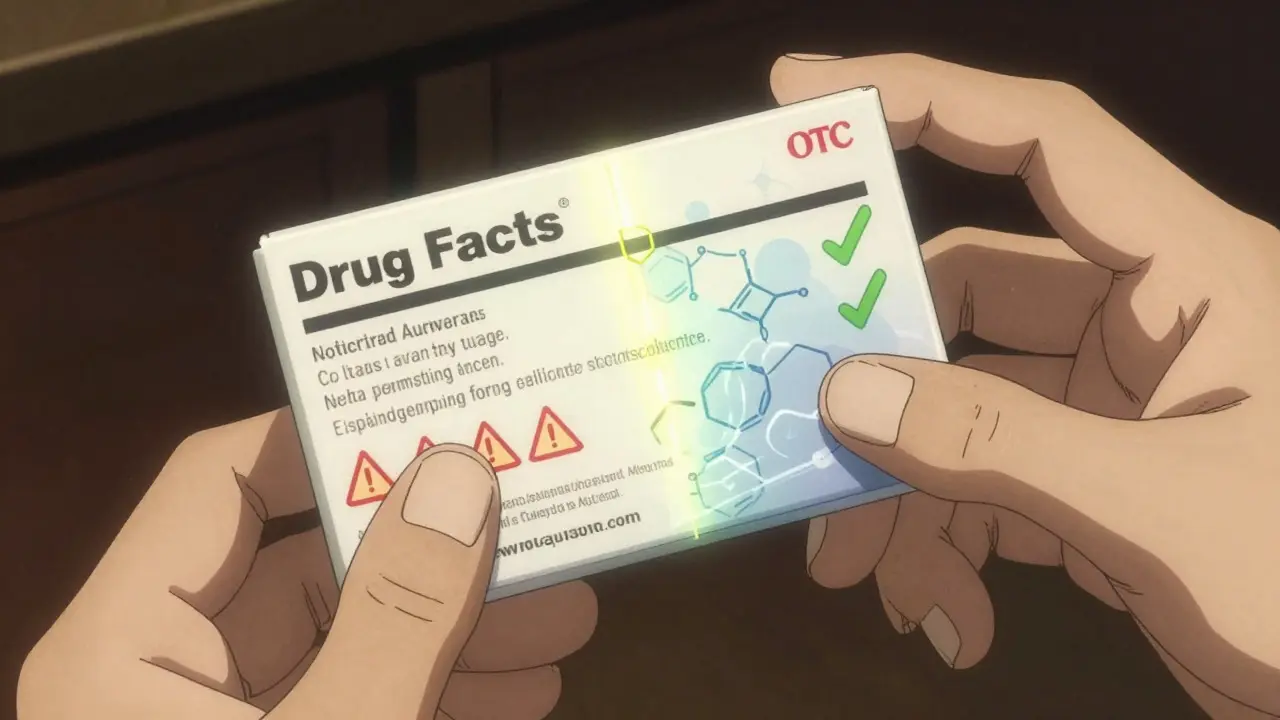 Floating drug facts label with abstract safety symbols in anime style