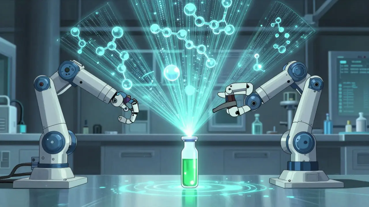 Futuristic anime lab scene with robotic arms scanning a glowing vial using holographic molecular projections