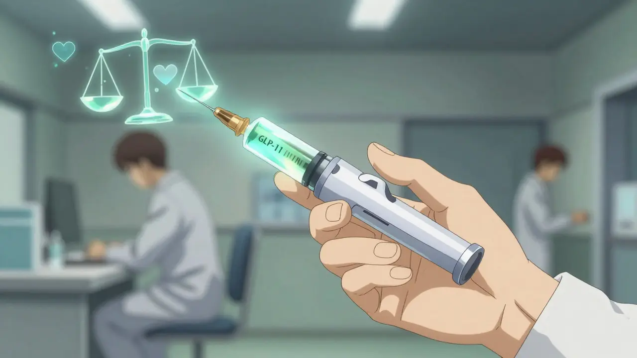 Futuristic injection pen emitting glowing green health symbols