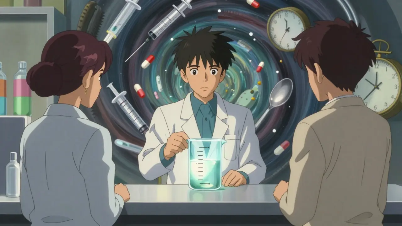 Pharmacist explaining dosage with surreal medical imagery in anime style