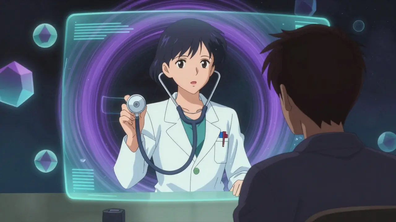 Satoshi Kon style anime showing a virtual doctor consultation via hologram