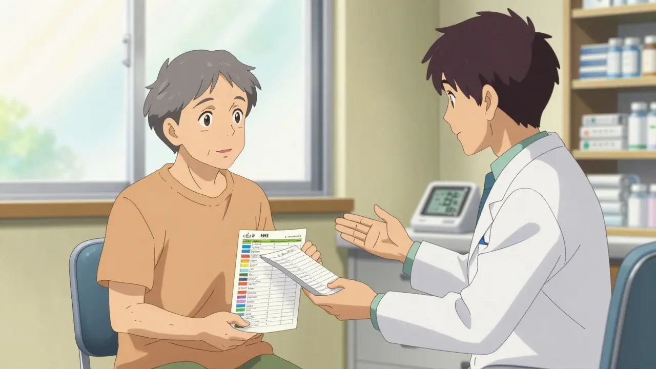 Senior patient and pharmacist reviewing medications in a bright room