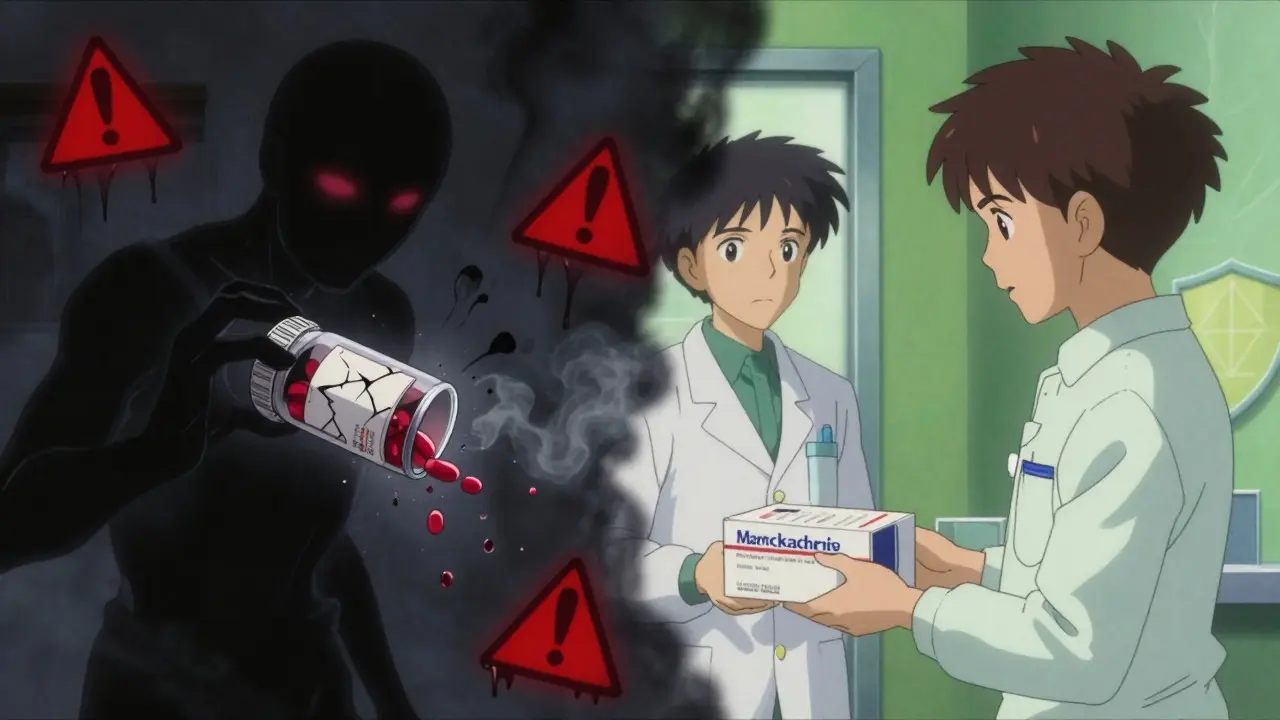 Split image showing dangerous counterfeit pills versus safe pharmacy delivery