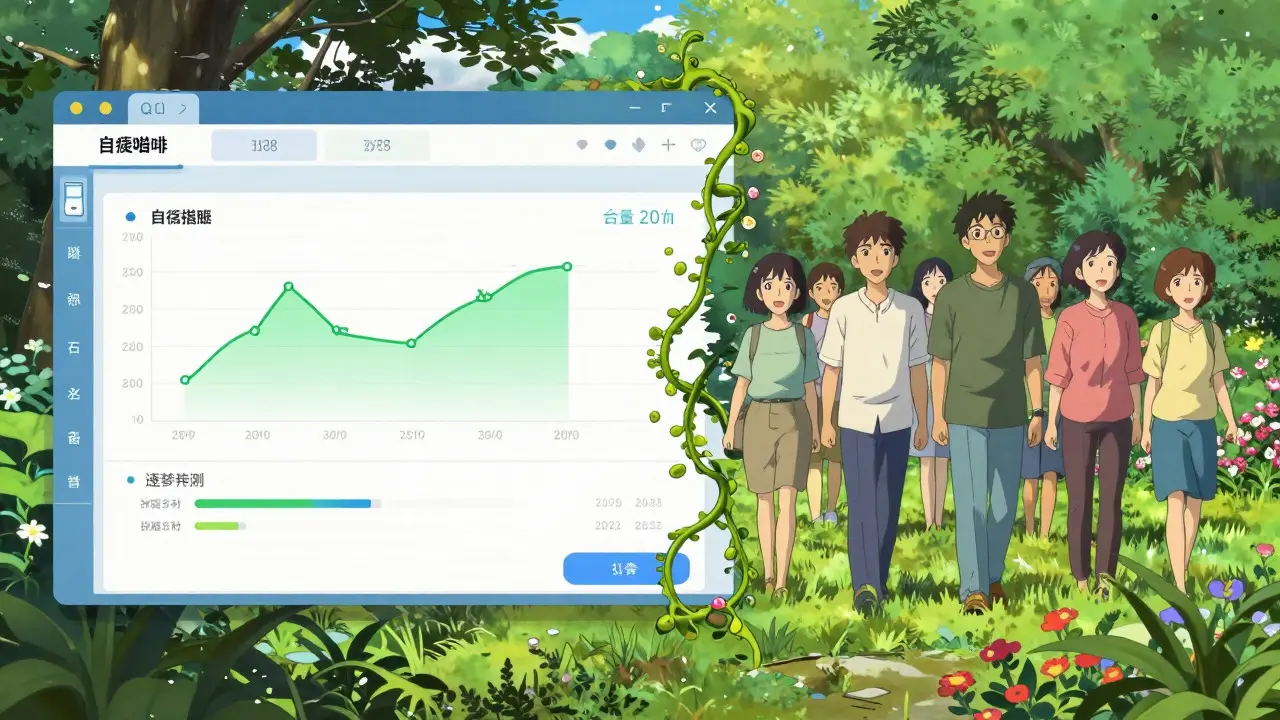 Split scene of digital health data transforming into a sunny garden