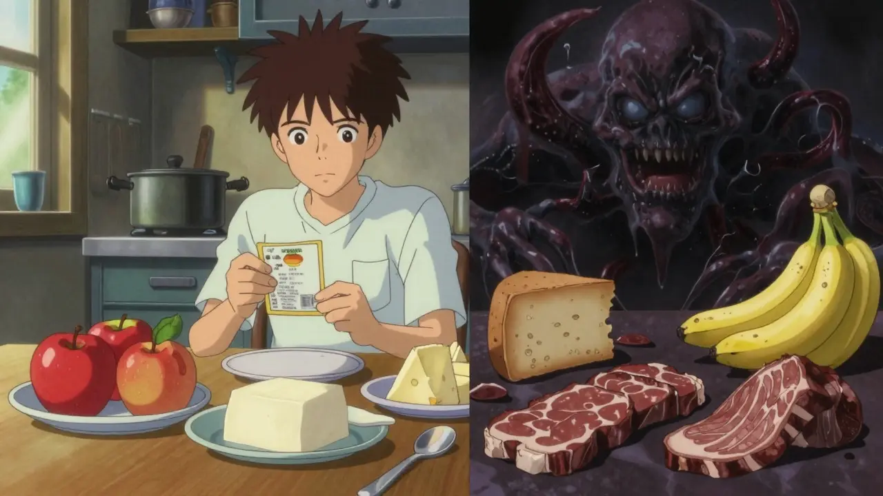 Split view of safe fresh foods versus monstrous representations of high-tyramine aged foods on a table.