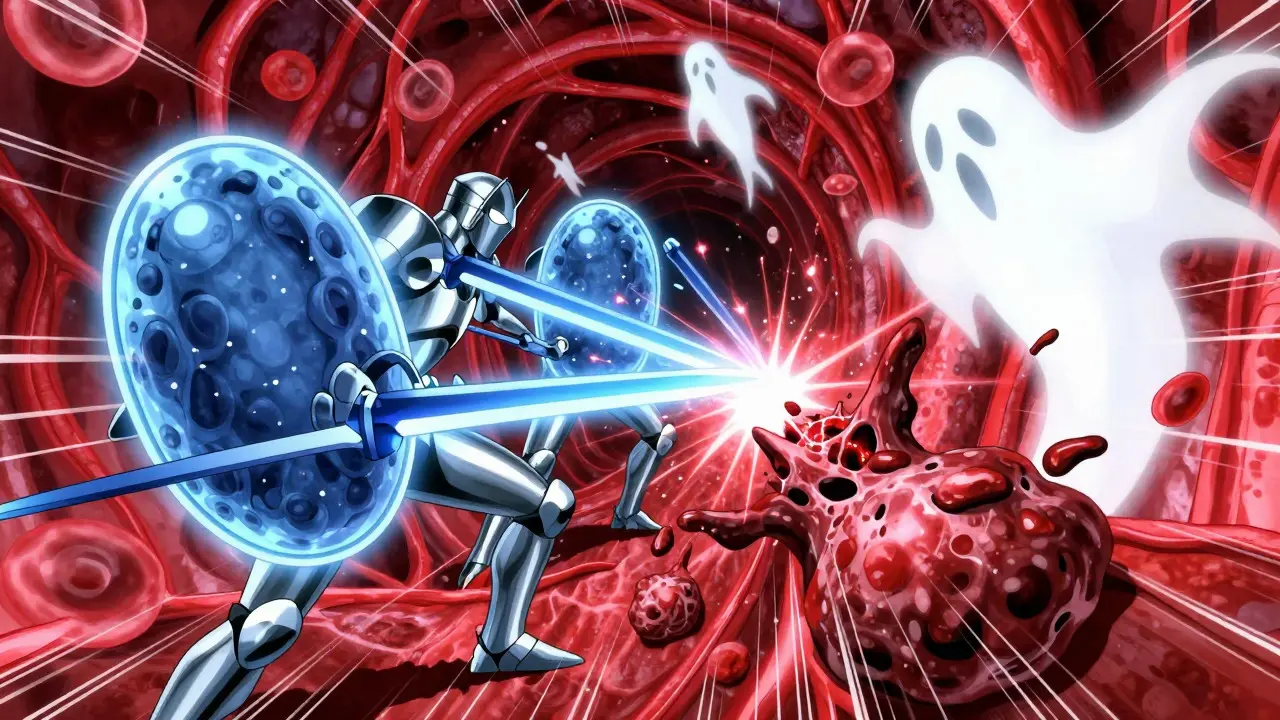 Stylized anime battle scene showing antibodies clashing with drug fragments inside a blood vessel