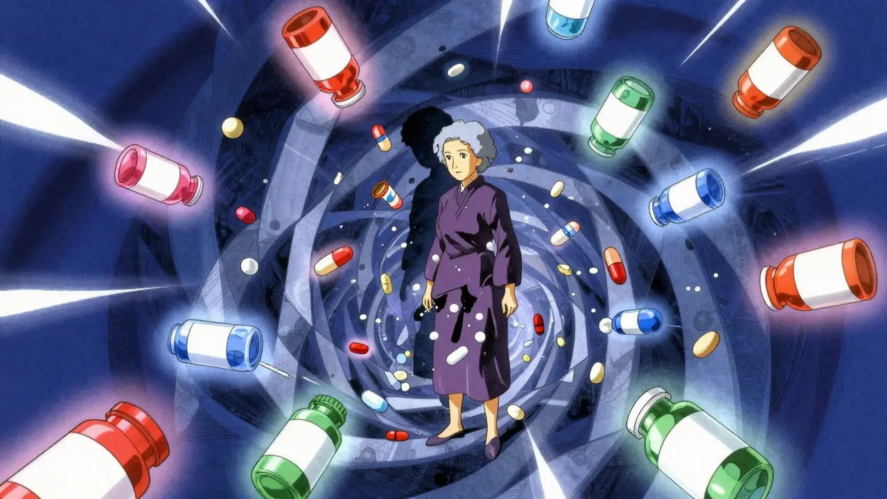 Surreal anime depiction of drug interactions surrounding a dizzy woman
